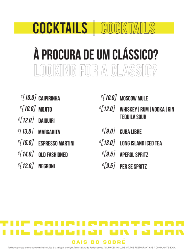 Menu Cocktails Clássicos — Cais do Sodré